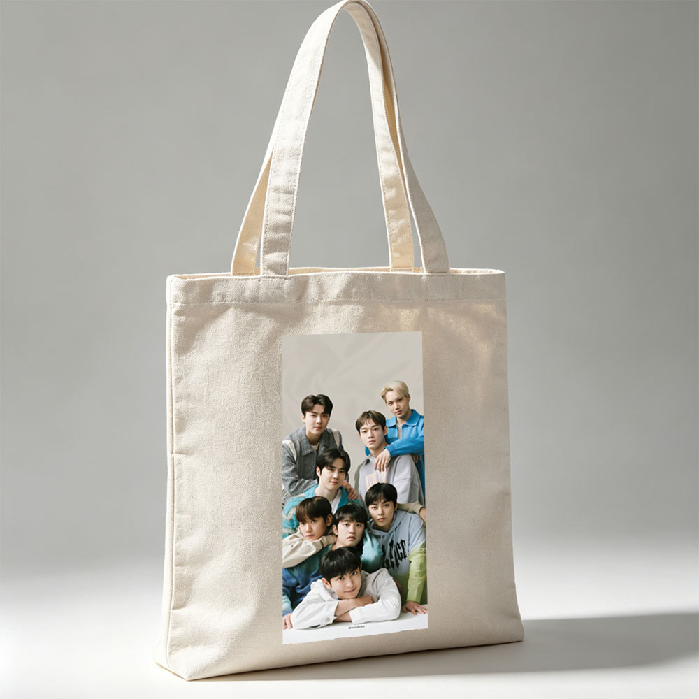 SEVENTEEN Group Photo - Members Posed Together in Casual Outfits on a Neutral Background - Canvas tote bags