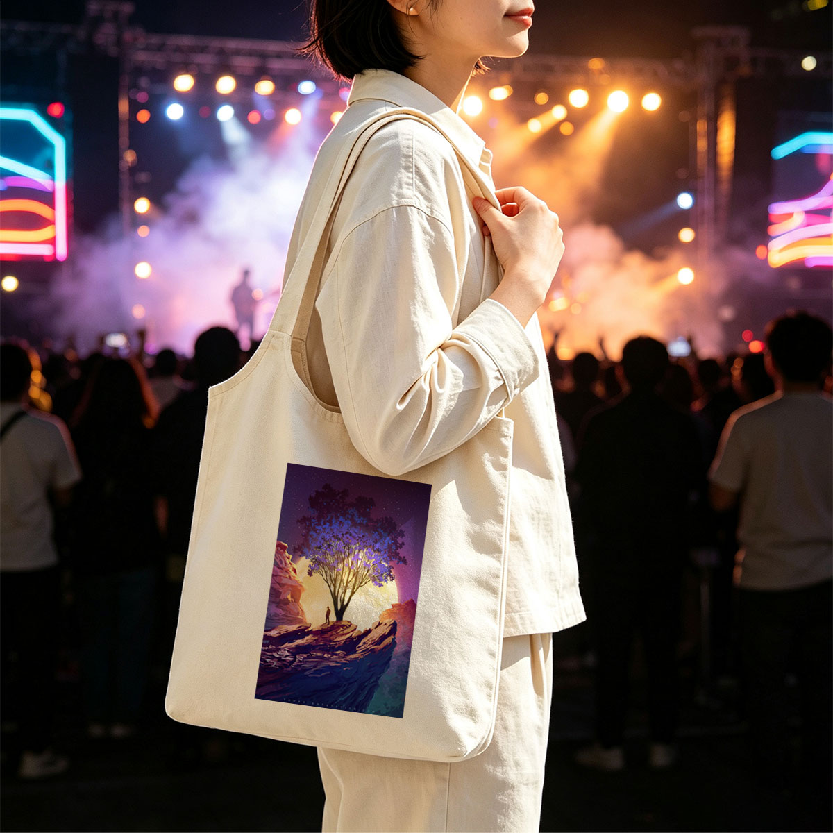Imagine Dragons Dreamy Landscape with Purple Tree and Moonlit Sky - Canvas shoulder bags/