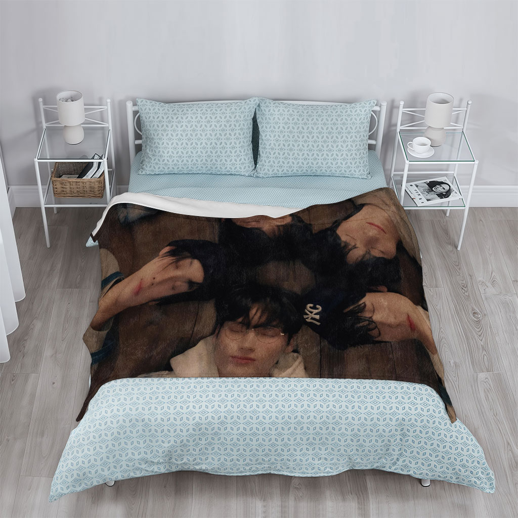 TXT Members Lying in a Circle on Wooden Floor Wearing Overalls and Casual Outfits - Blankets