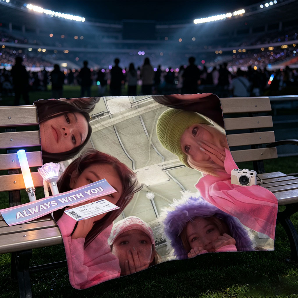 NewJeans Group Photo in Pink Outfits Forming a Circle with Playful Expressions - Blankets