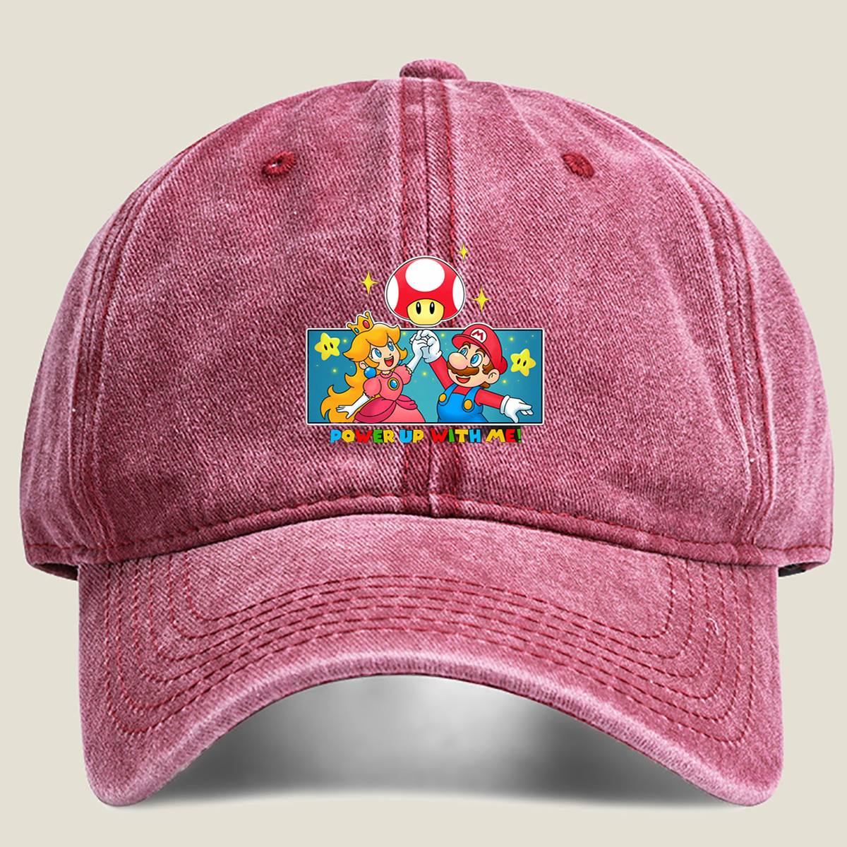 Super Mario: Mario and Peach Power Up with Toad! - Washed Denim - Baseball Cap