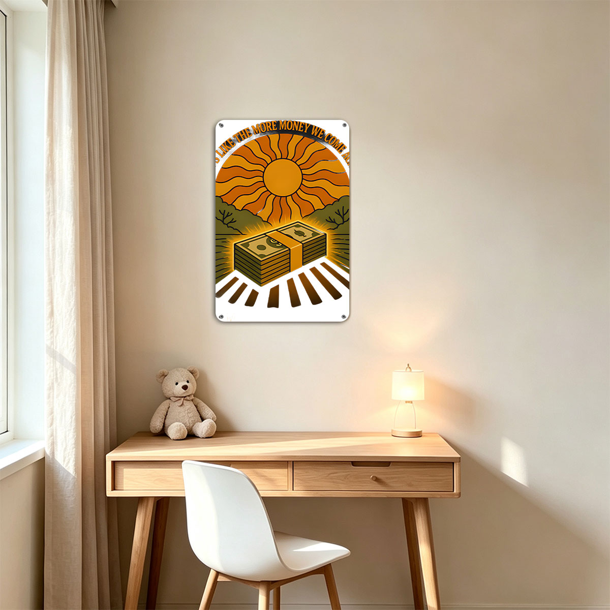 Money Glows Under the Sun: A Stack of Cash in a Radiant Landscape - painting