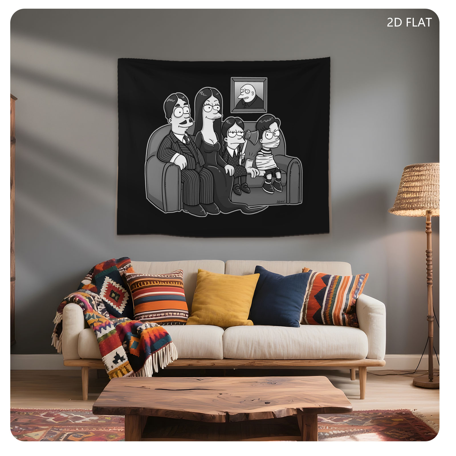 The Addams Family on Couch with Portrait of Gomez - Tapestry