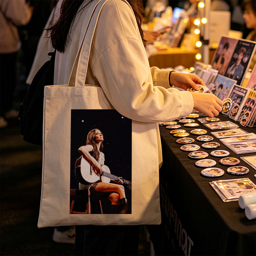 Lana Del Rey Playing Acoustic Guitar on Stage in a Starry Night Setting - Canvas tote bags