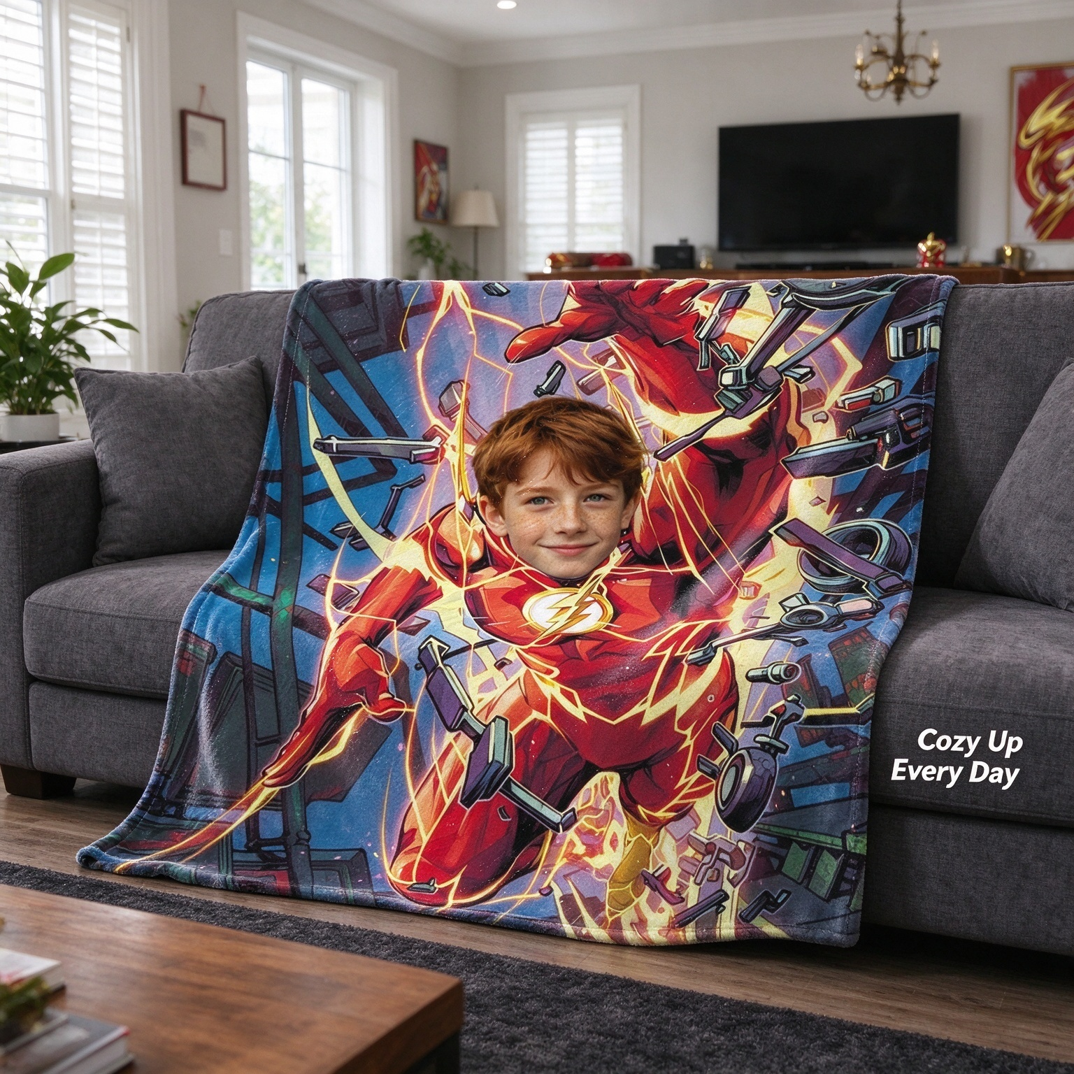 Custom Photo Face Superhero Flannel Blanket, Personalized Comic Character Cozy Throw Fleece for Kids Boys Girls, Ideal