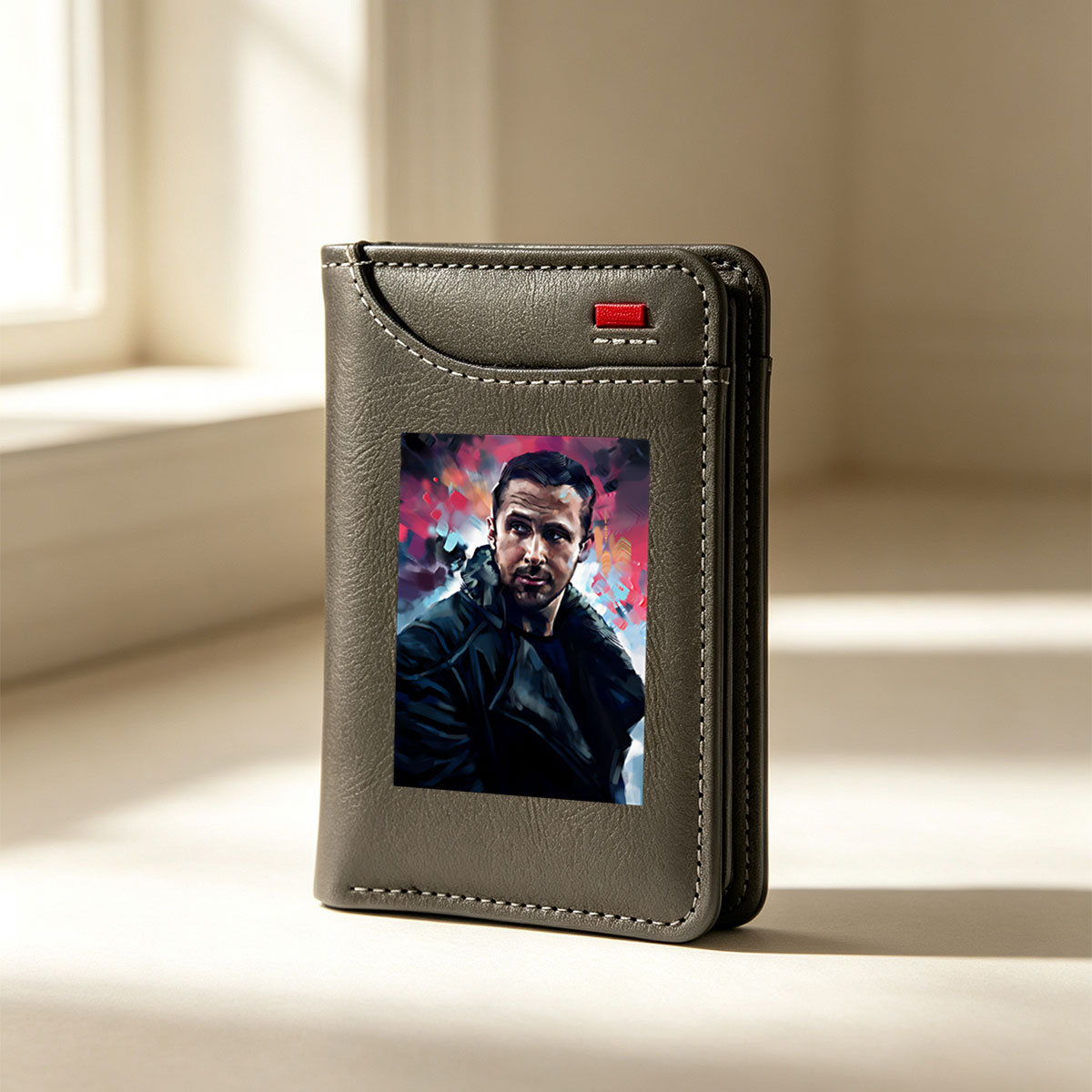 Ryan Gosling in a dramatic, stylized portrait with vibrant, abstract background - Vertical Style Wallet