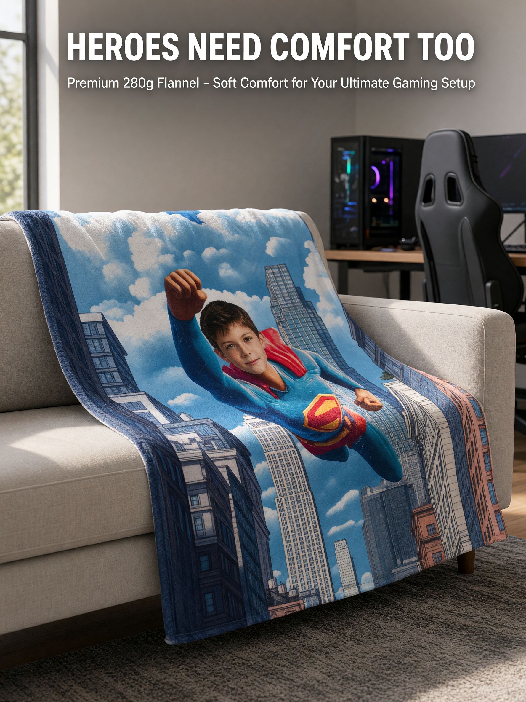 Custom Superhero Face Photo Flannel Blanket, Ultra Soft Flying Hero Throw, Ideal Personalized Gift for Kids and Family