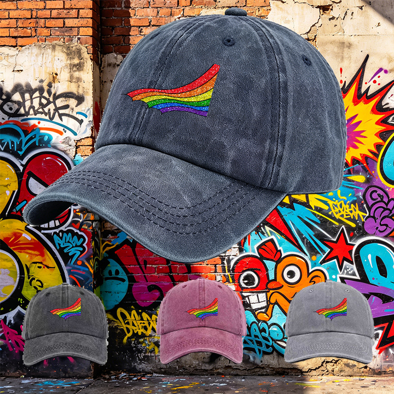 Men's Rainbow Glitter Print Washed Cap Casual Round Brim Summer Lightweight Hat for Outdoor Activities and Streetwear Fashion Adults