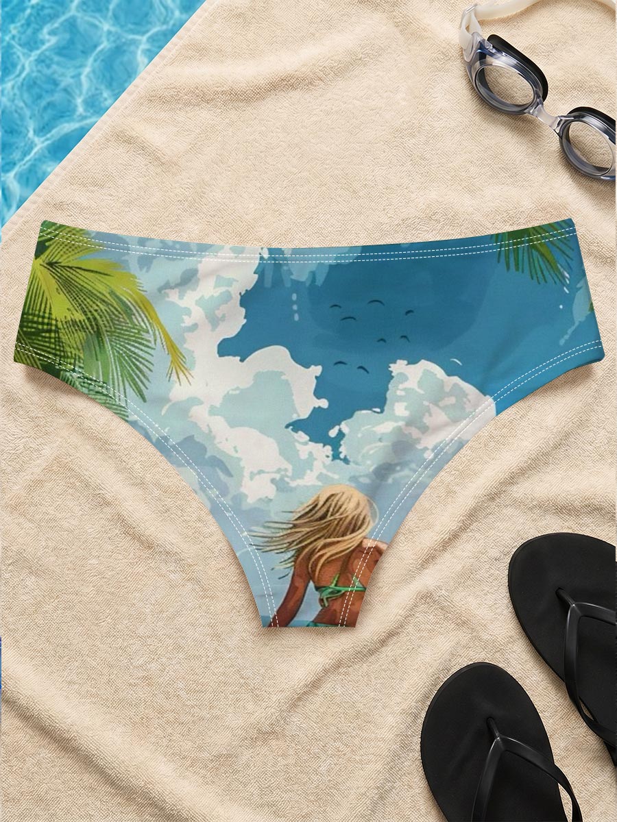 Woman surfing on tropical beach with palm trees and blue sky -  Men's swim trunks