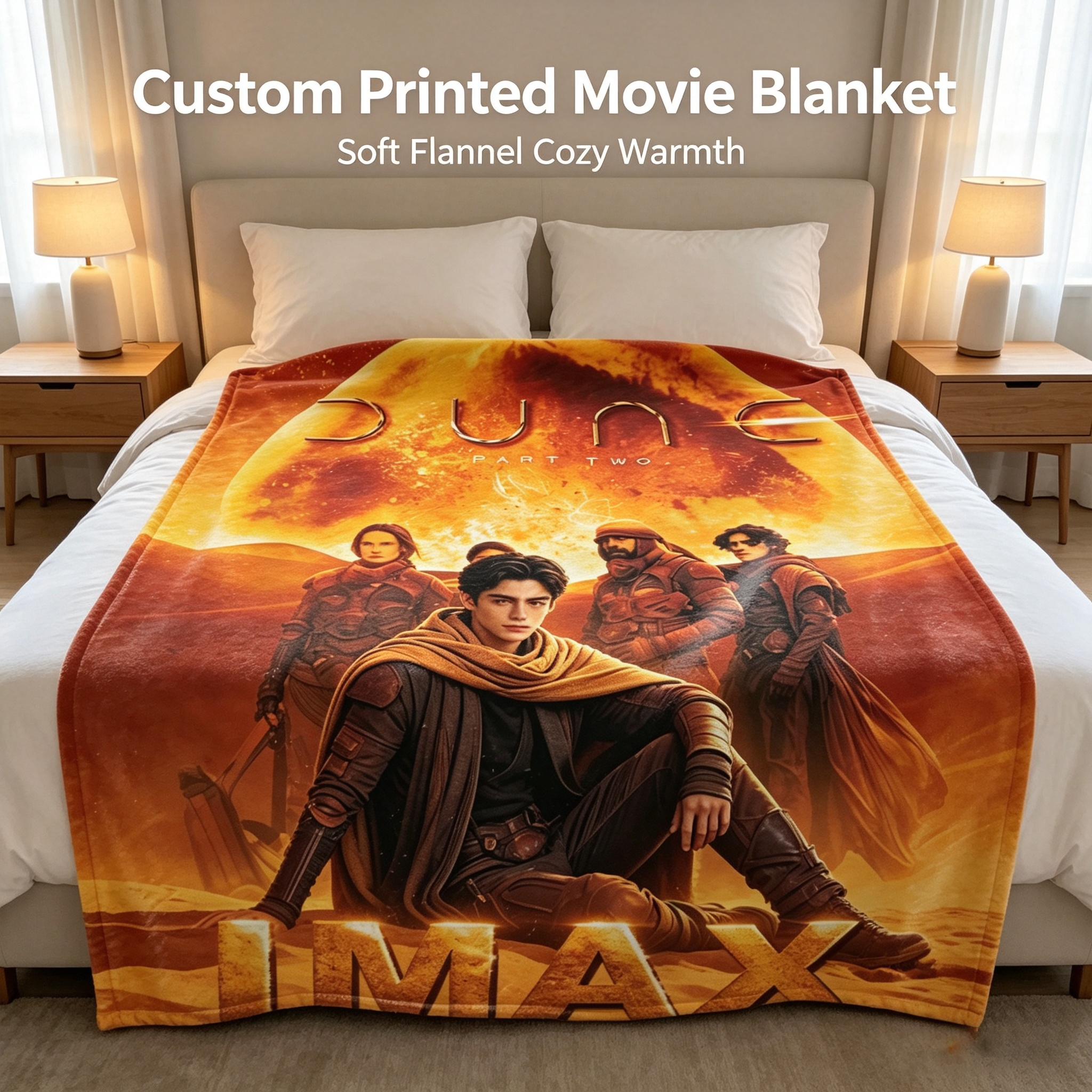 Custom Face Blanket Dune Part Two Flannel Blanket Movie Poster Design Desert Adventure Theme Cozy Bedding Gift for Fans and Collectors