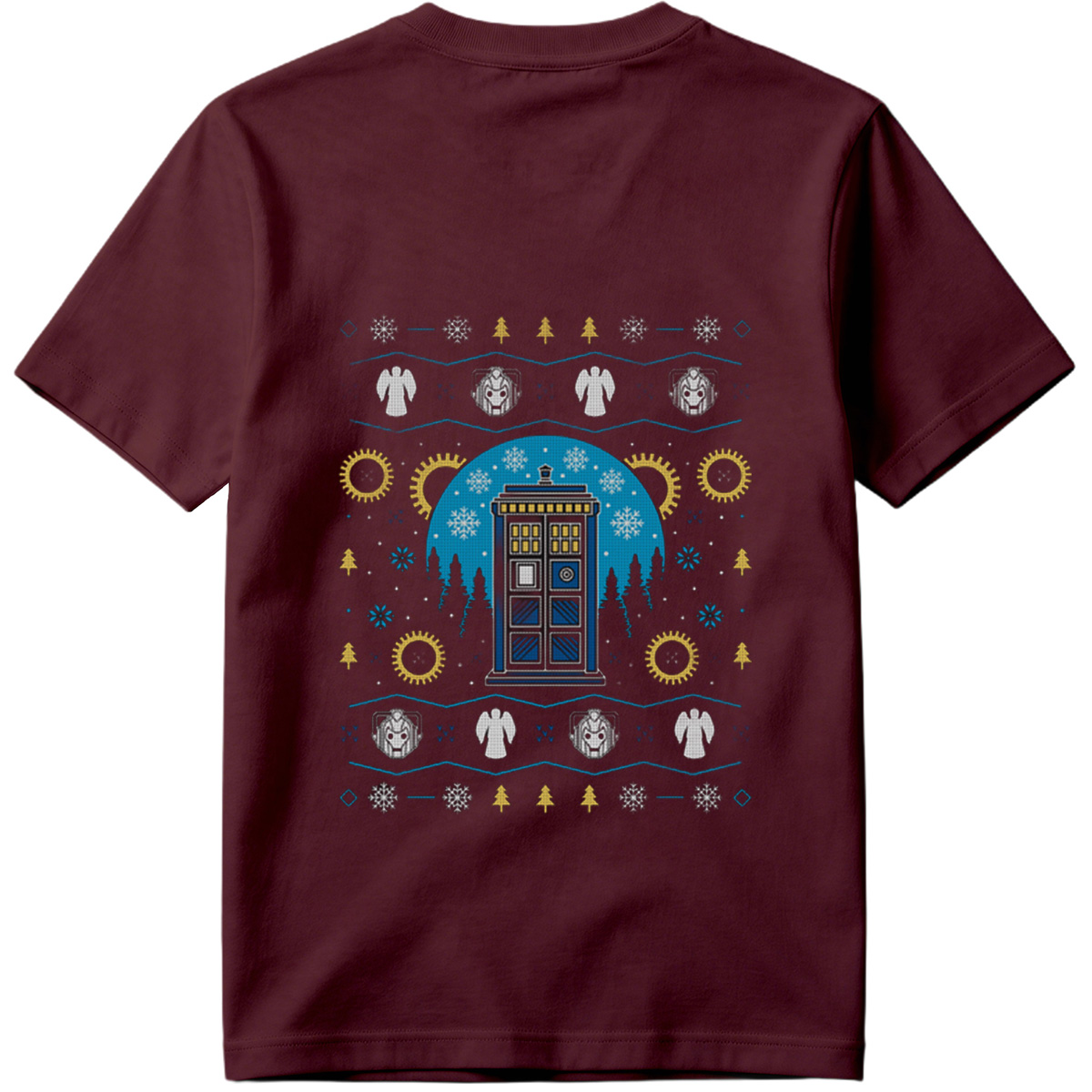 Doctor Who Christmas Sweater Design Featuring TARDIS, Weeping Angels, and Cybermen - Tee