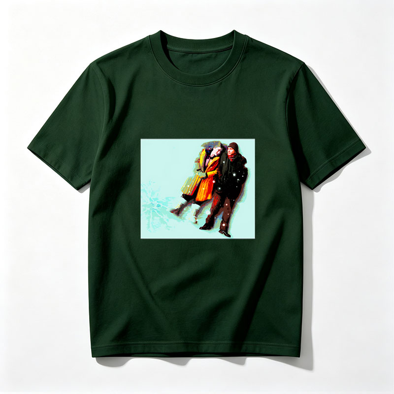 Couple in Winter Coats Walking in Snowy Scene - Tee