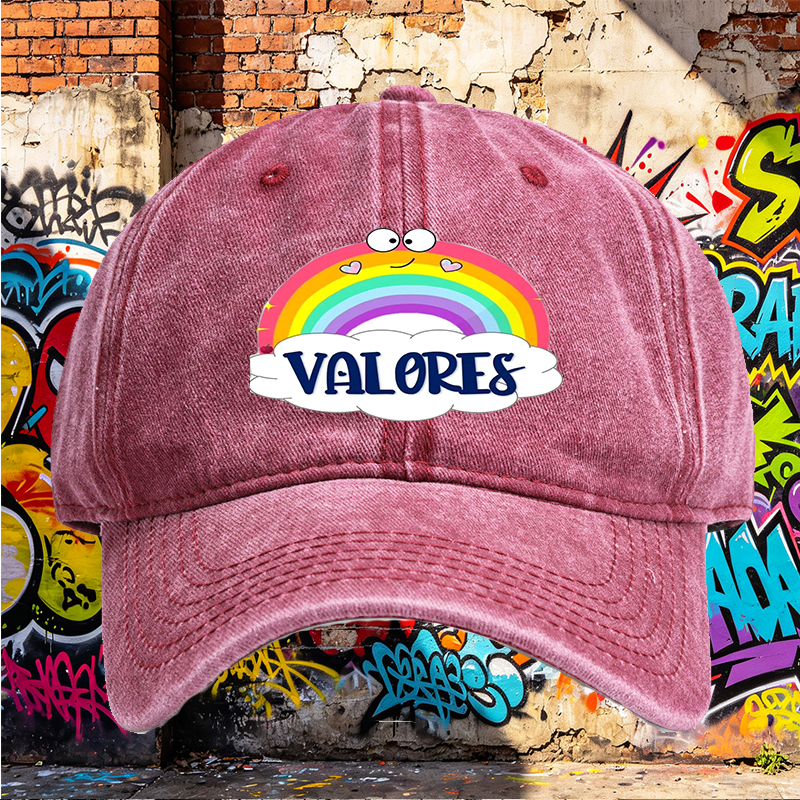 Unisex Classic Washed Cap with Rainbow and Valores Print - Casual Streetwear Hat for Outdoor Activities, Perfect for Youth and Adults Seeking Fun, Colorful Style
