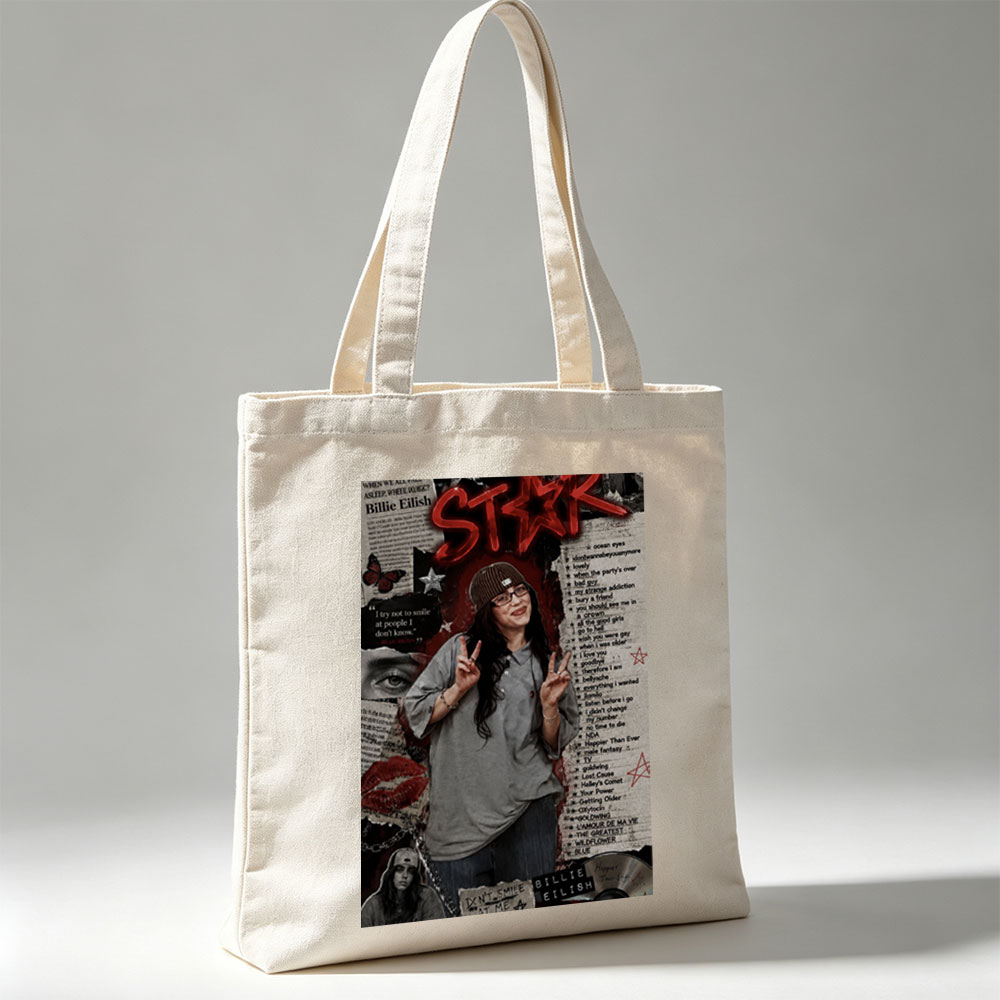 Billie Eilish Fan Art Collage Featuring a Person in a Beanie Making Peace Signs with Lyrics and Quotes - Canvas tote bags