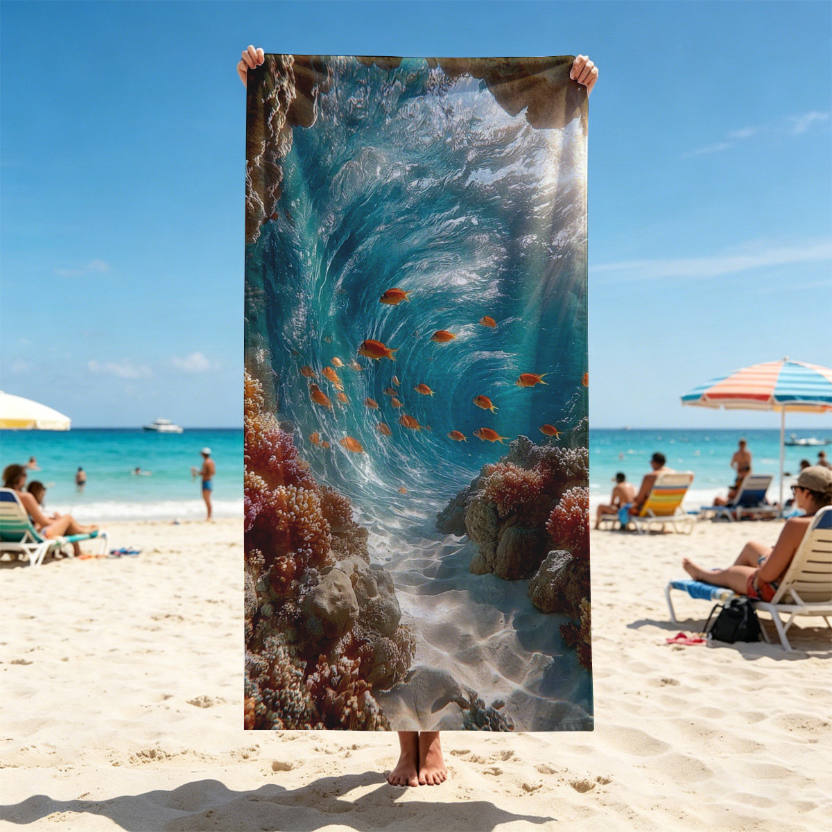 Sunlit Coral Cave with Swimming Fish - Beach towels