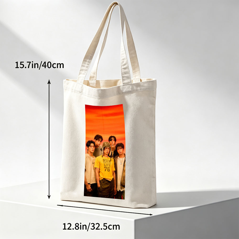TXT Members in a Bold Group Pose Against a Vibrant Orange Sky Background - Canvas tote bags