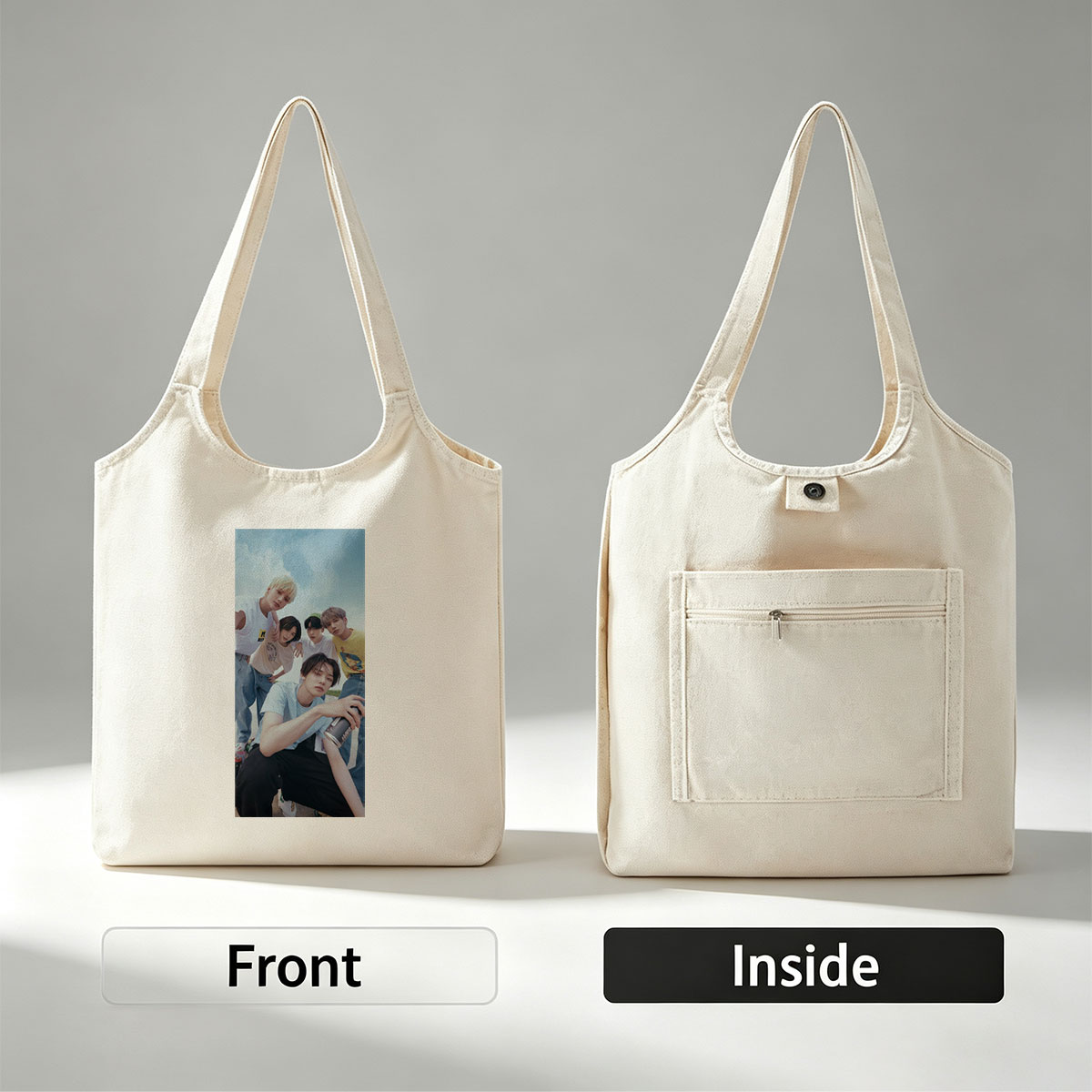 TXT Members in Casual Outfit Pose Outdoors with Cans and Expressive Gestures - Canvas shoulder bags/