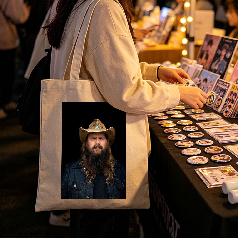 Chris Stapleton in Cowboy Hat and Denim Jacket with Long Beard on Black Background - Canvas tote bags