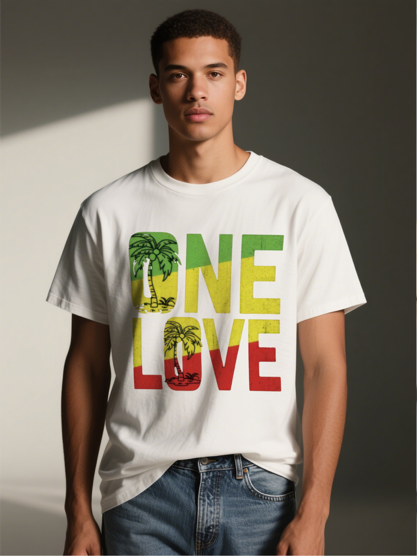 Men's One Love Palm Tree Print T-Shirt Rasta Colors Graphic Tee Casual Round Neck Lightweight Breathable Summer Short Sleeve Shirt for Beach Vacation Travel Outdoor Activities Adults Male