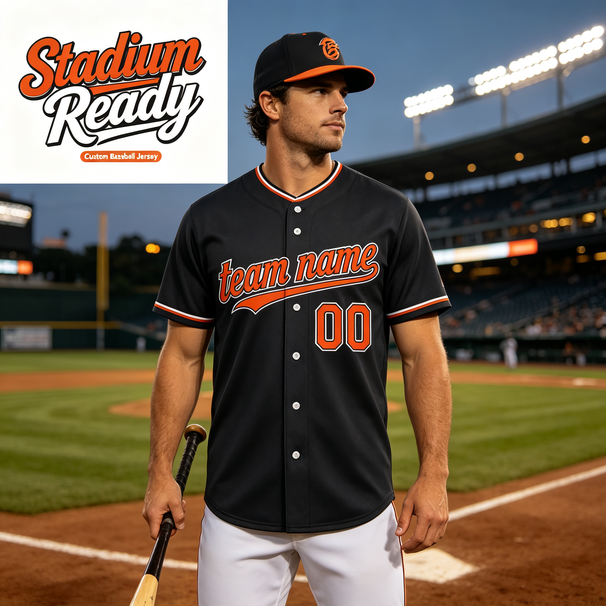 Custom Printed Detroit Script Style Baseball Jersey Anthracite Charcoal Orange Trim Button Down Shirt for Men and Women