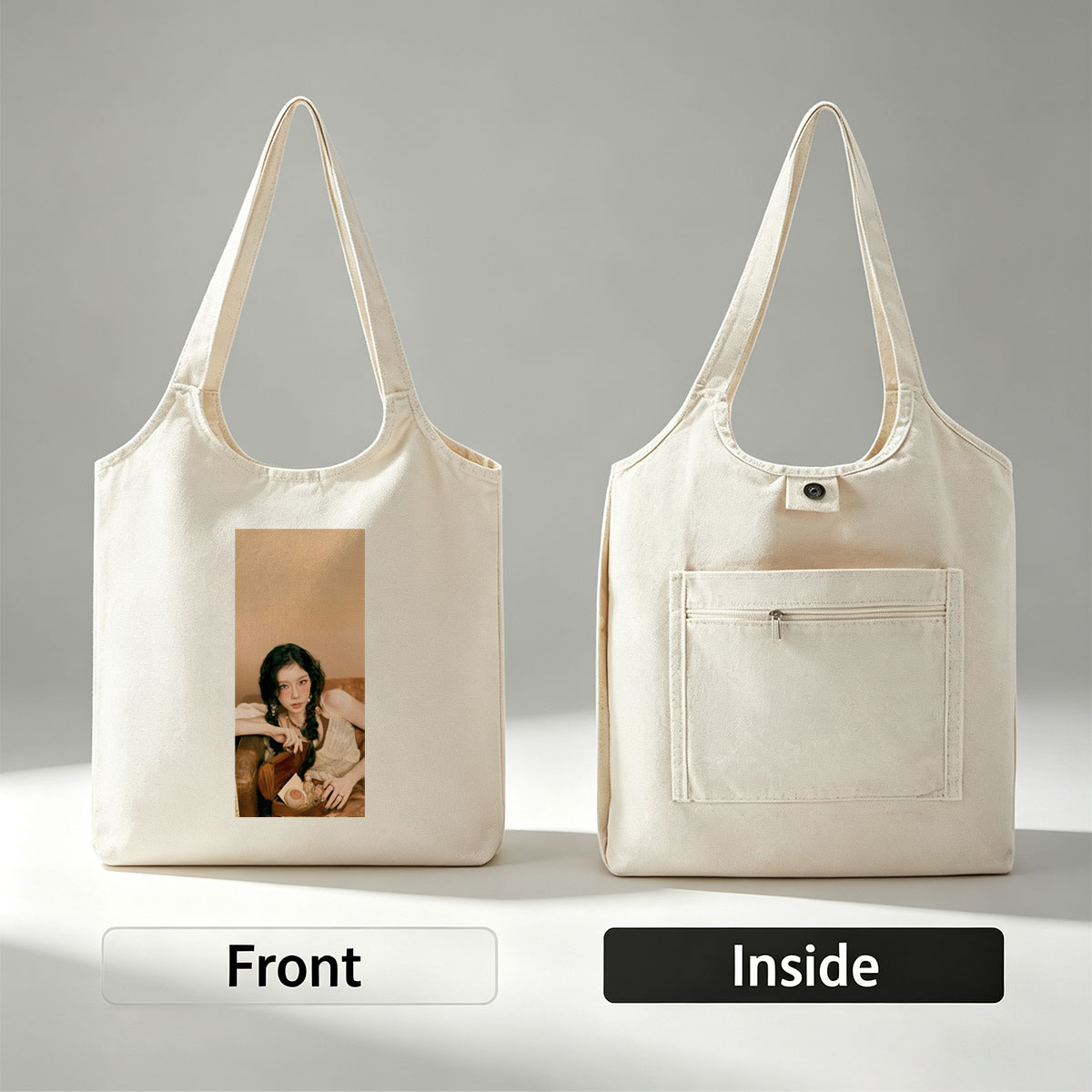 Kim Jisoo Relaxing on Couch with Vintage Accessories in Soft Lighting - Canvas shoulder bags/