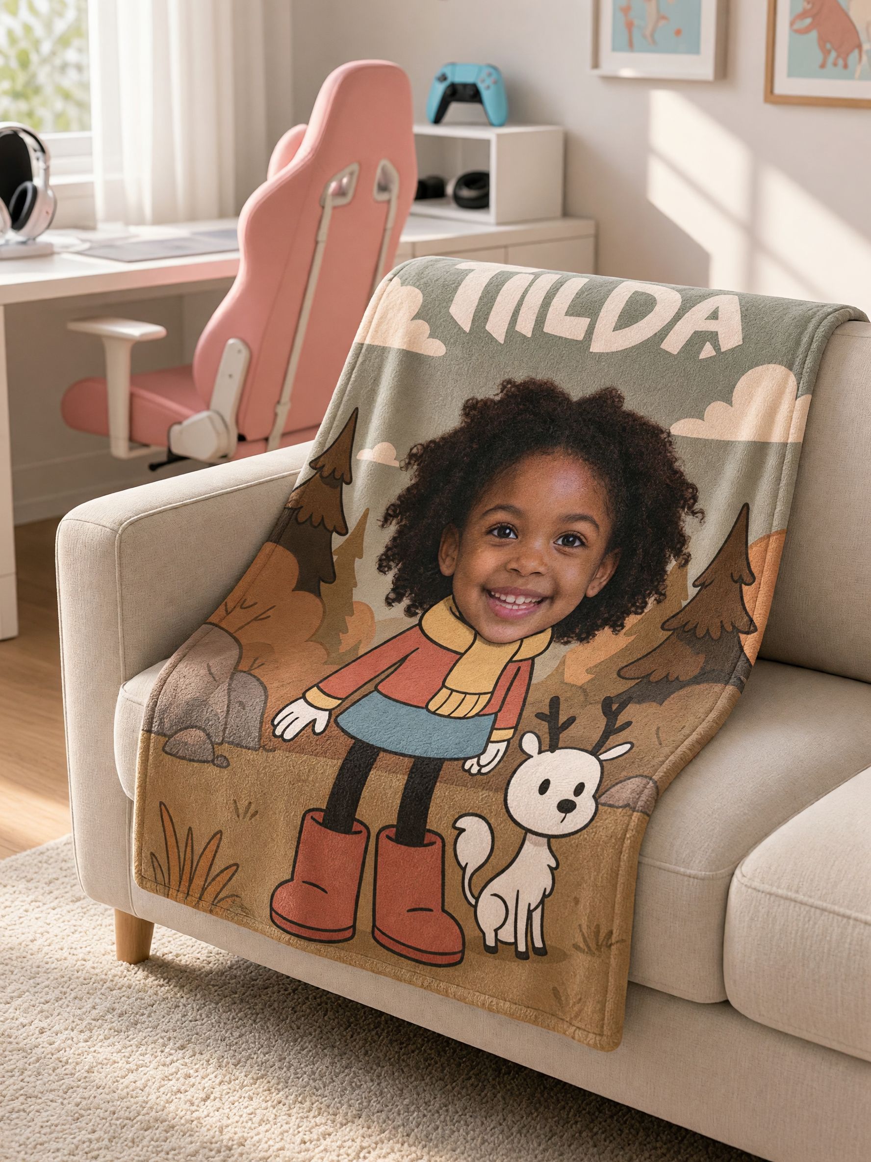 Custom Face Photo Blanket Personalized Cute Cartoon Forest Flannel Throw for Kids Cozy Keepsake Birthday Gift