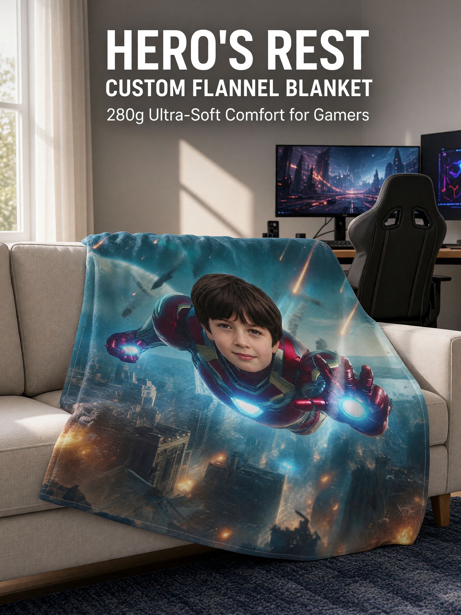 Custom Photo Superhero Flannel Fleece Blanket, Personalized Flying Hero Face Portrait Throw, Ideal Cozy Keepsake Gift