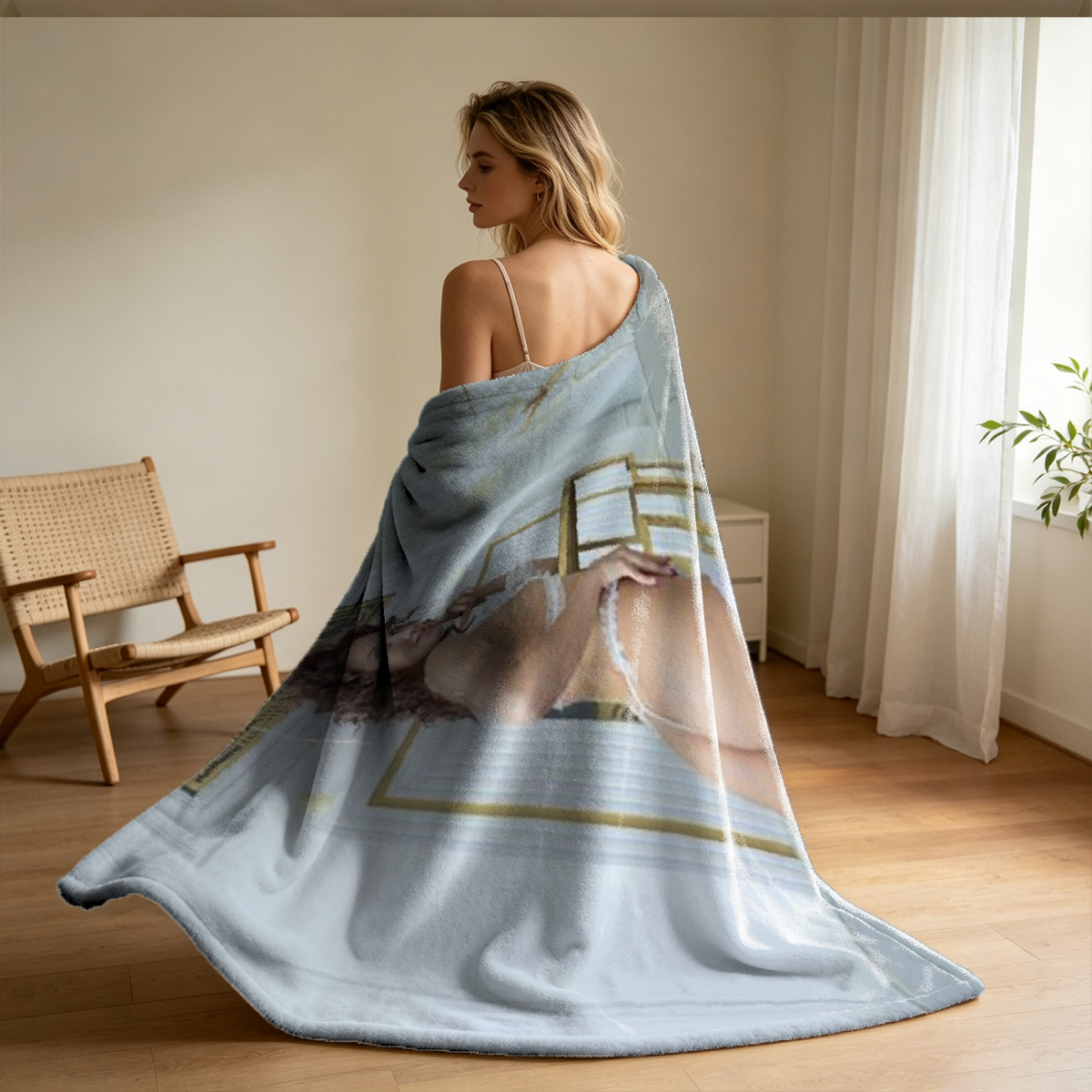 Nude Model in Beige Micro Bikini Posing Seductively - Blanket