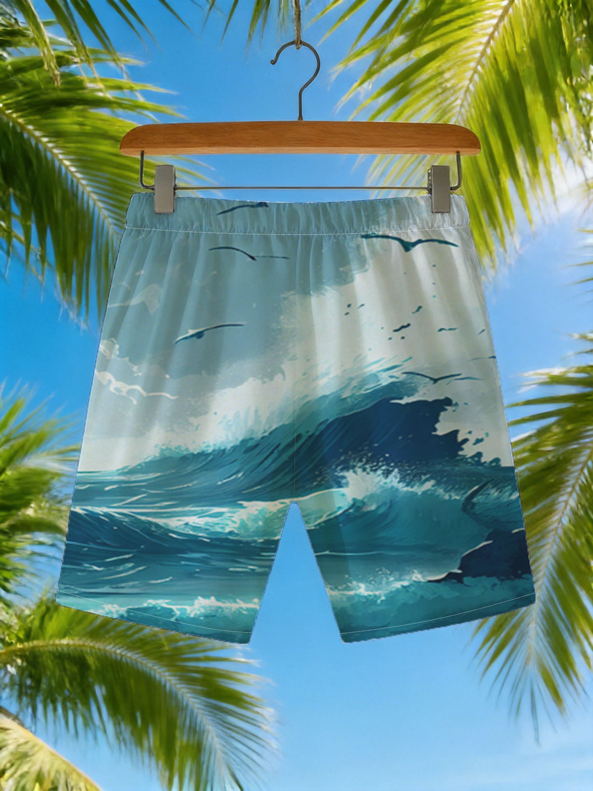 Mighty waves crash against rocks as seagulls soar above the stormy sea. -  Beach shorts