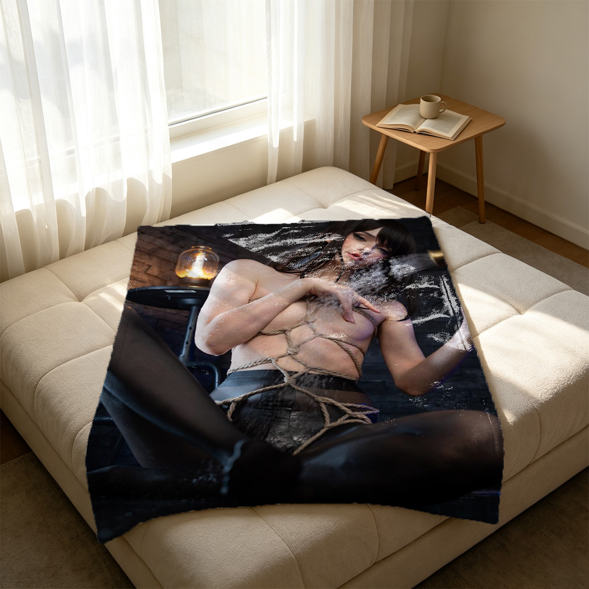 Blonde in sheer bodysuit posing on floor. - Blanket