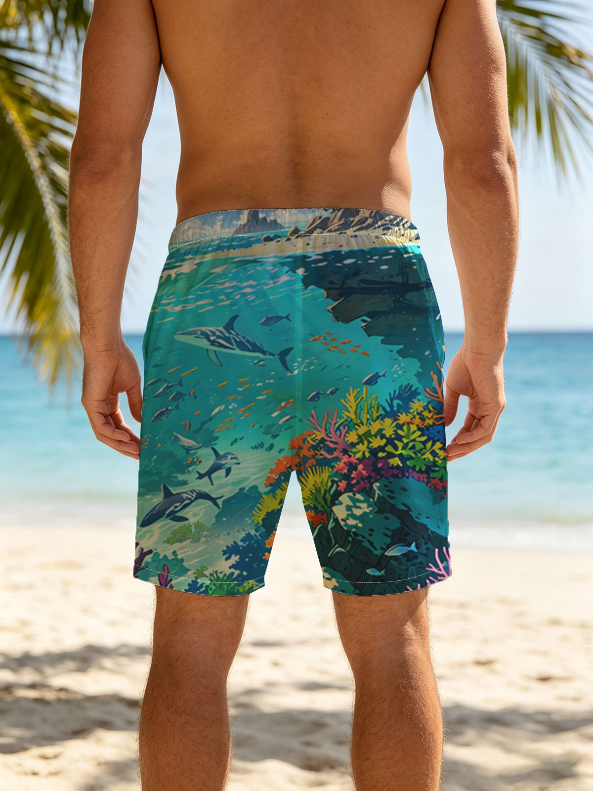 Vibrant Coral Reef with Dolphins and Tropical Fish -  Beach shorts