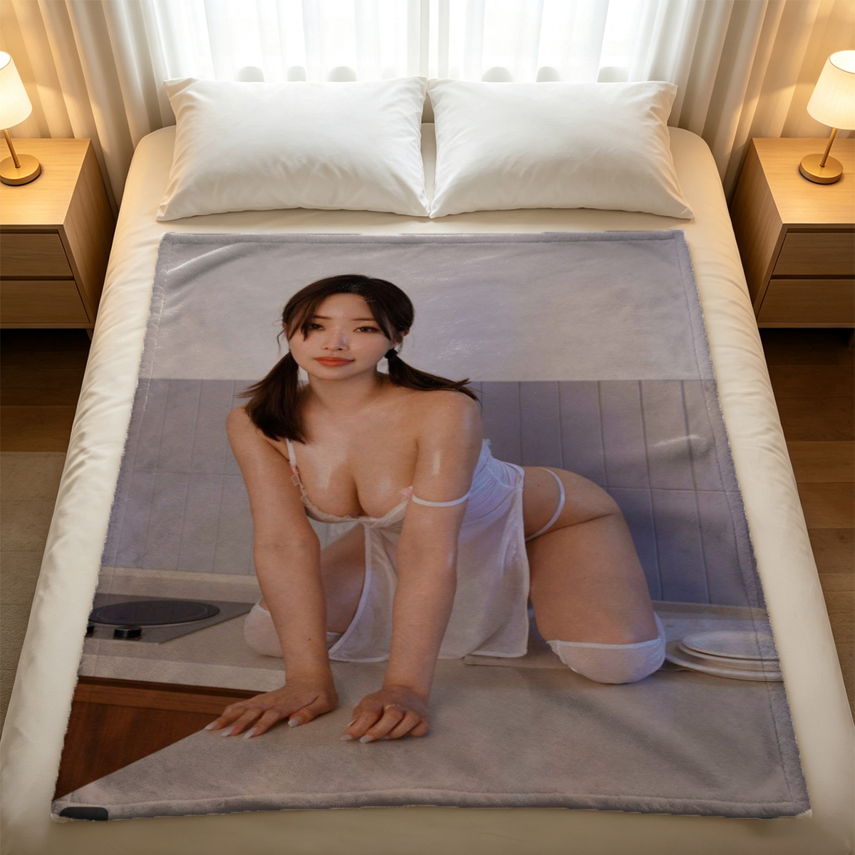 Aya Omasa in white lingerie by the window. - Blanket