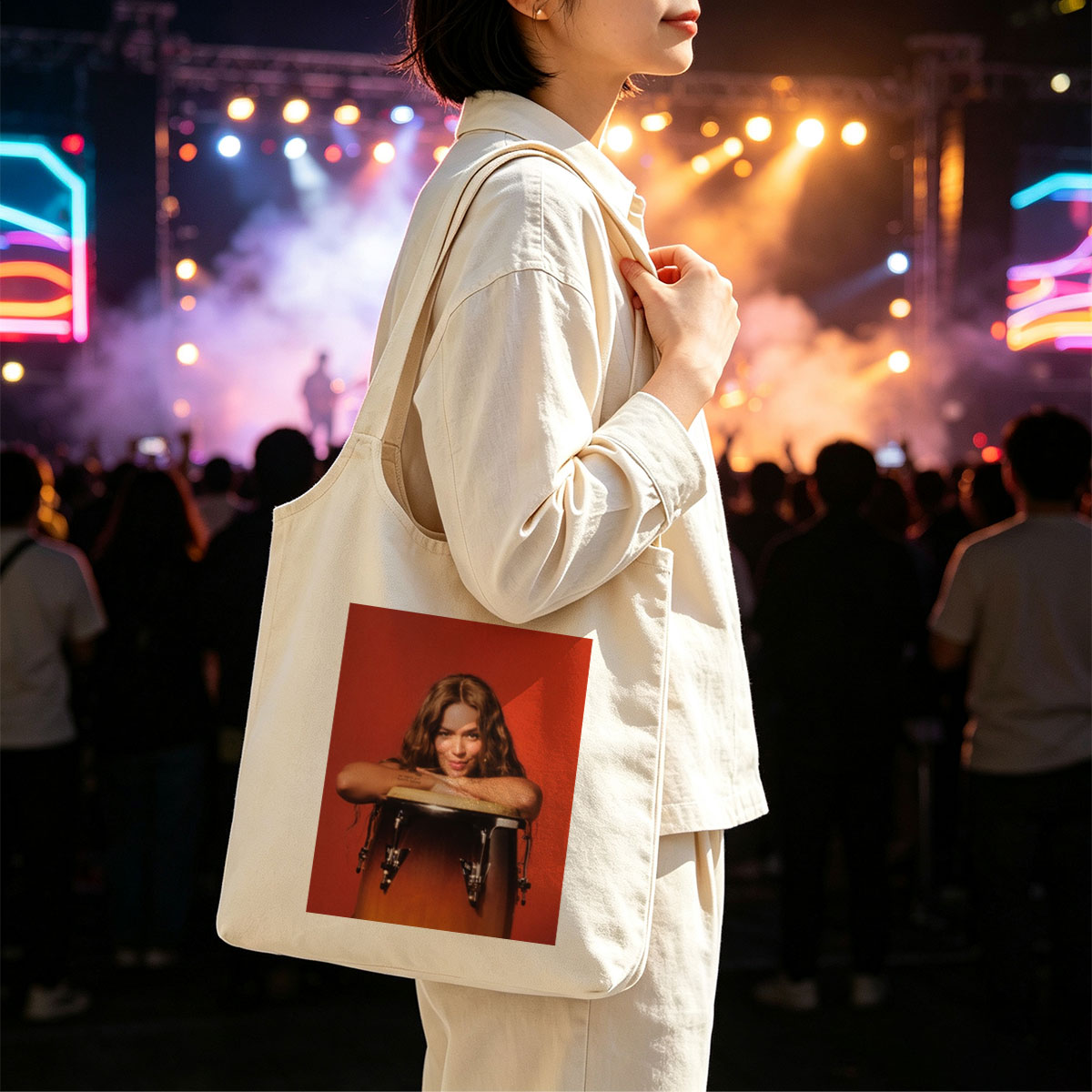 Maren Morris Leaning on a Conga Drum Against a Red Background - Canvas shoulder bags/