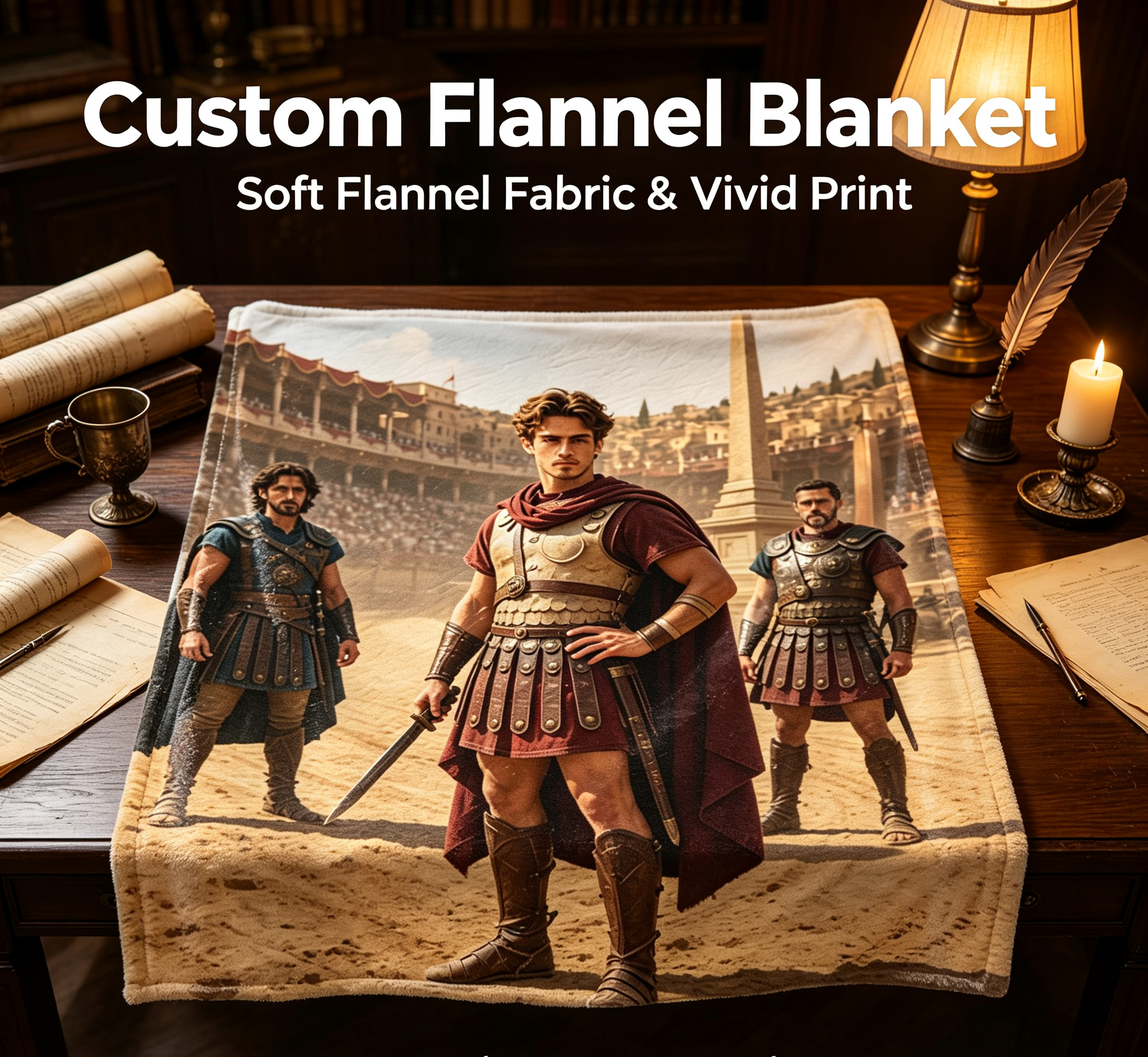 Custom Face Blanket Roman Gladiator Arena Warrior Flannel Blanket for Couch or Bed Cozy Gift for History Fans and Ancient Rome Enthusiasts