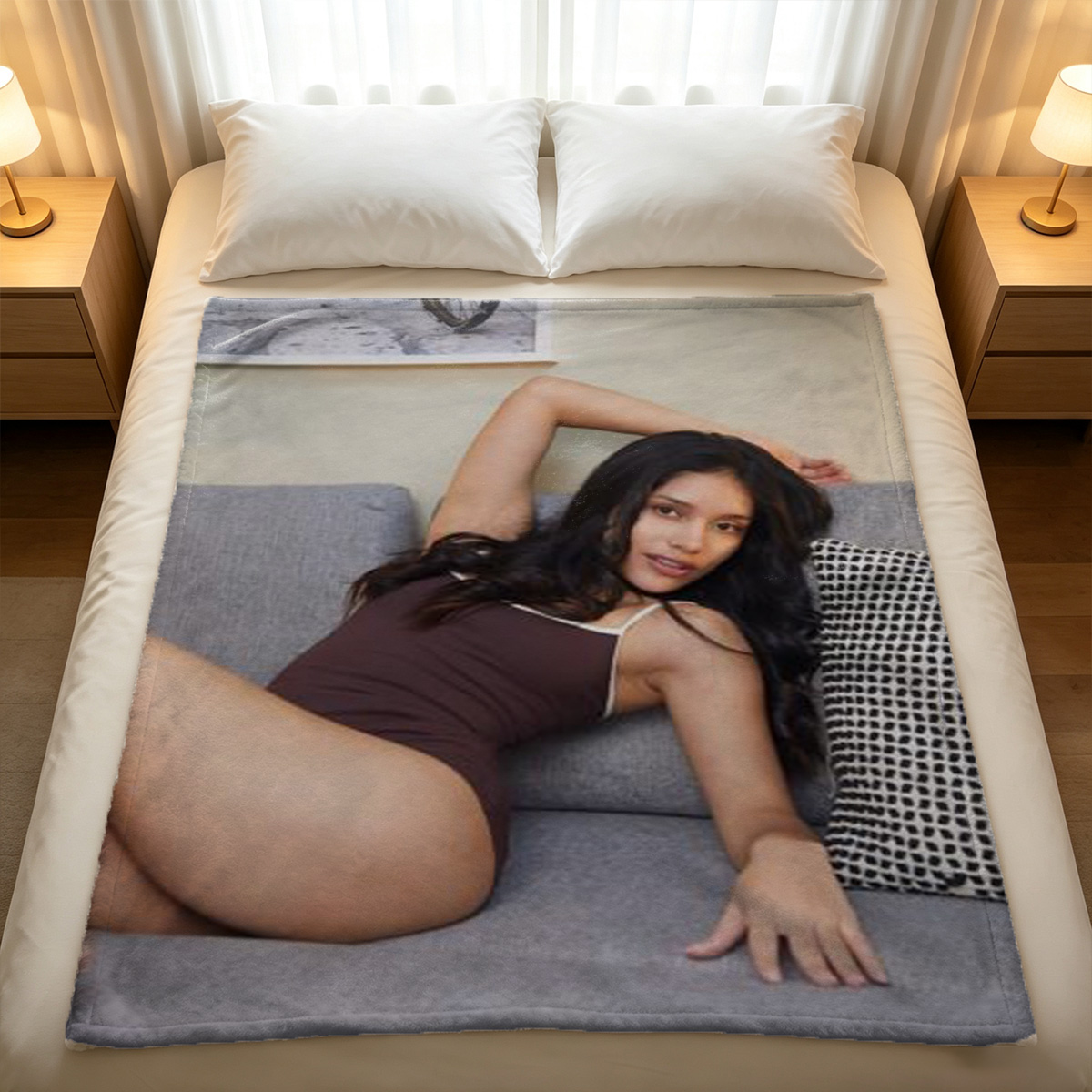 Gorgeous Asian beauty in black glasses and sheer pantyhose sitting on floor. - Blanket