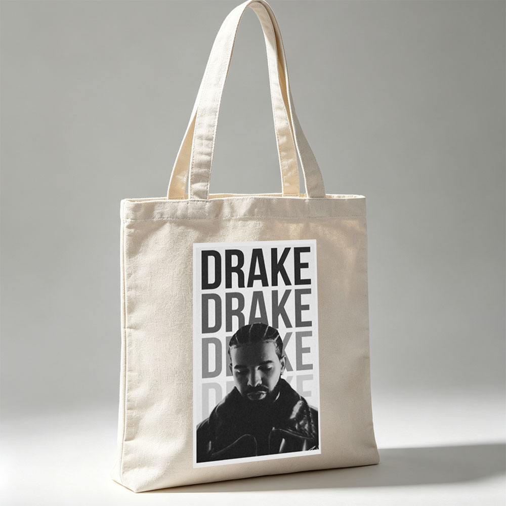 Drake in a Bold Monochrome Portrait with Stacked Name Typography - Canvas tote bags
