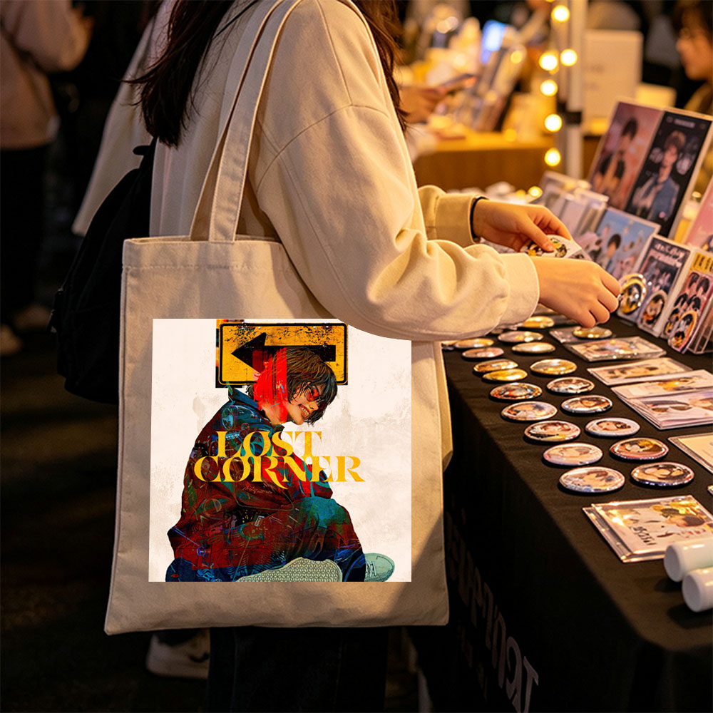 Lost Corner Band in Urban Scene with Graffiti-Style Art and Directional Sign - Canvas tote bags