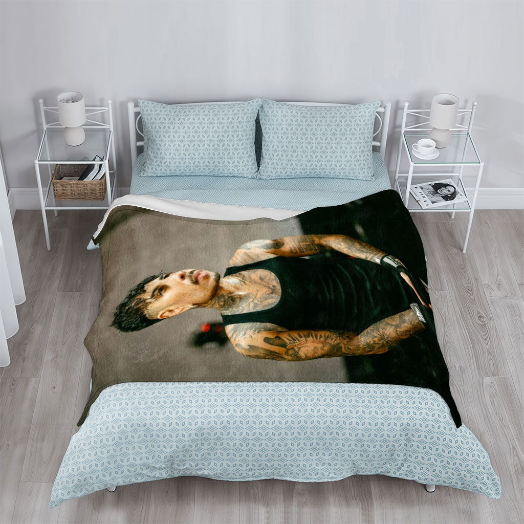 Bad Bunny in Workout Gear with Tattoos and Boxing Wraps - Blankets