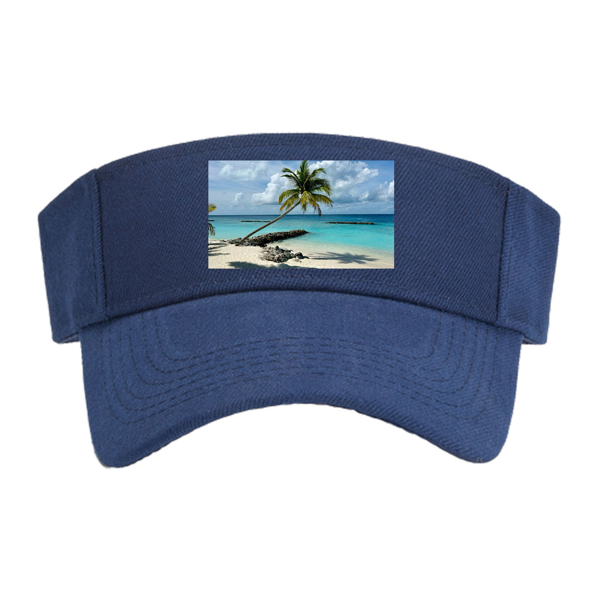 Tropical beach with palm tree leaning over turquoise water and white sand under blue sky. -  Visor cap