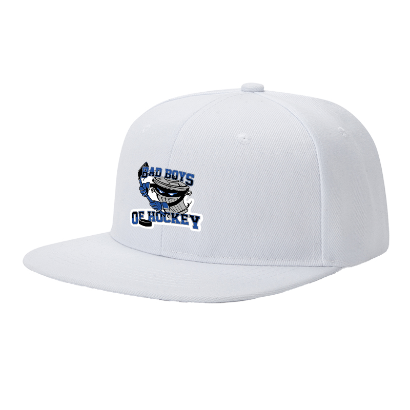 Flat Brim Baseball Cap Bad Boys of Hockey Trash Can Mascot Design Streetwear Underground Skate Style for Hockey Rink Skate Park Urban Athletes and Streetwear Enthusiasts