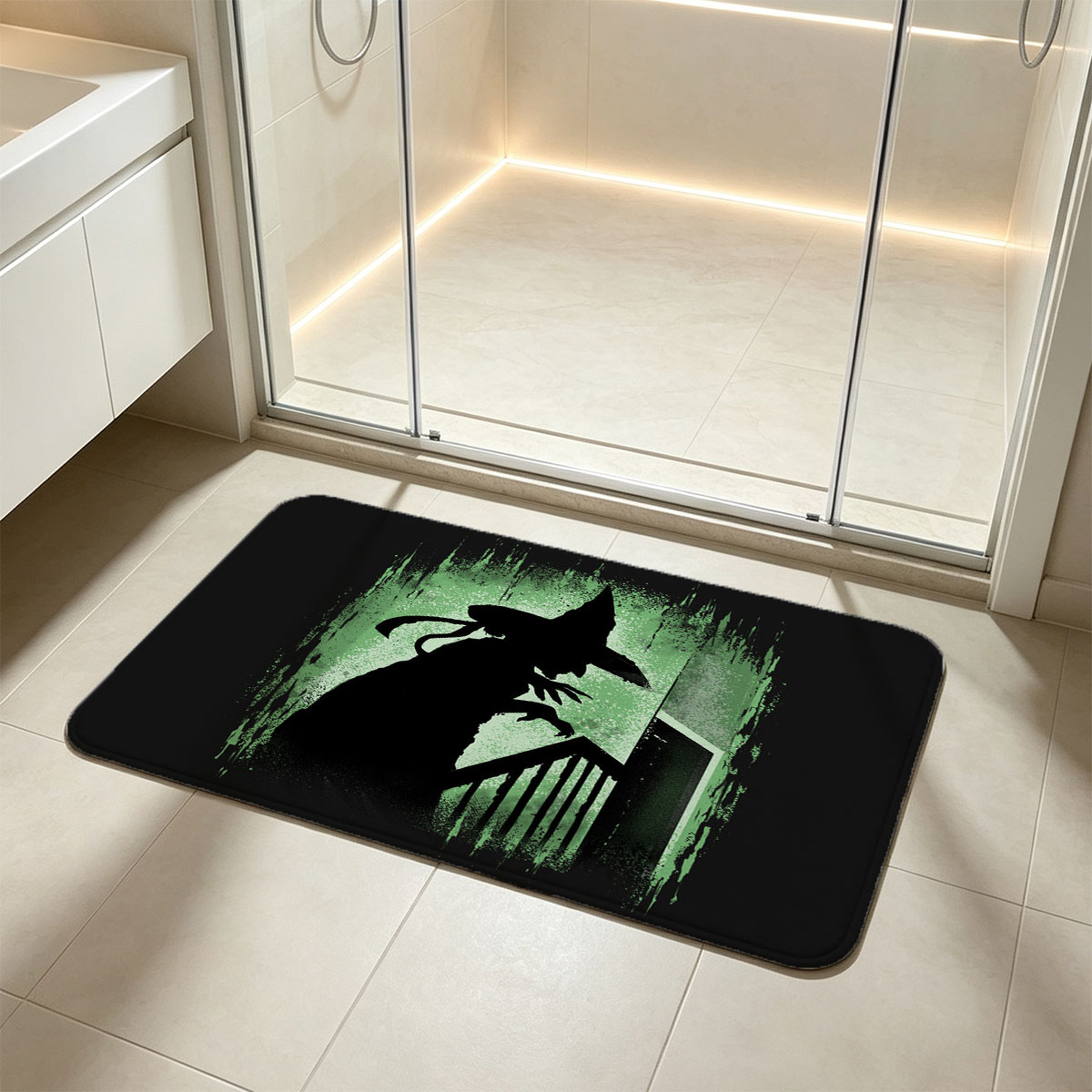 Silhouette of a Witch on Stairs in Green Glow - Flannel floor mat