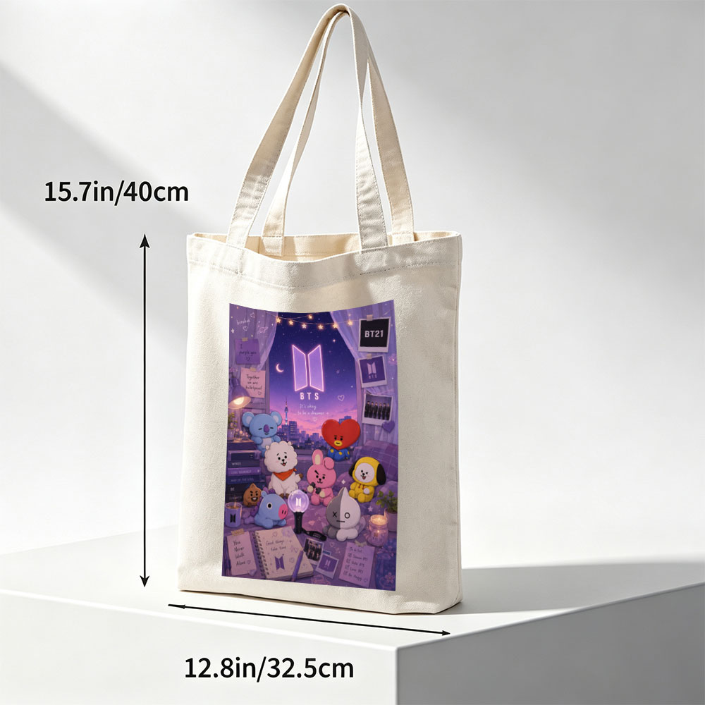 BTS BT21 Characters in a Cozy Room with City View and Dreamy Night Sky Decor - Canvas tote bags