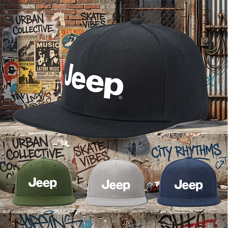 Flat Brim Baseball Cap Jeep Logo Print Streetwear Underground Skate Style for Basketball Court Urban Skate Park Skaters Rappers Streetwear Enthusiasts