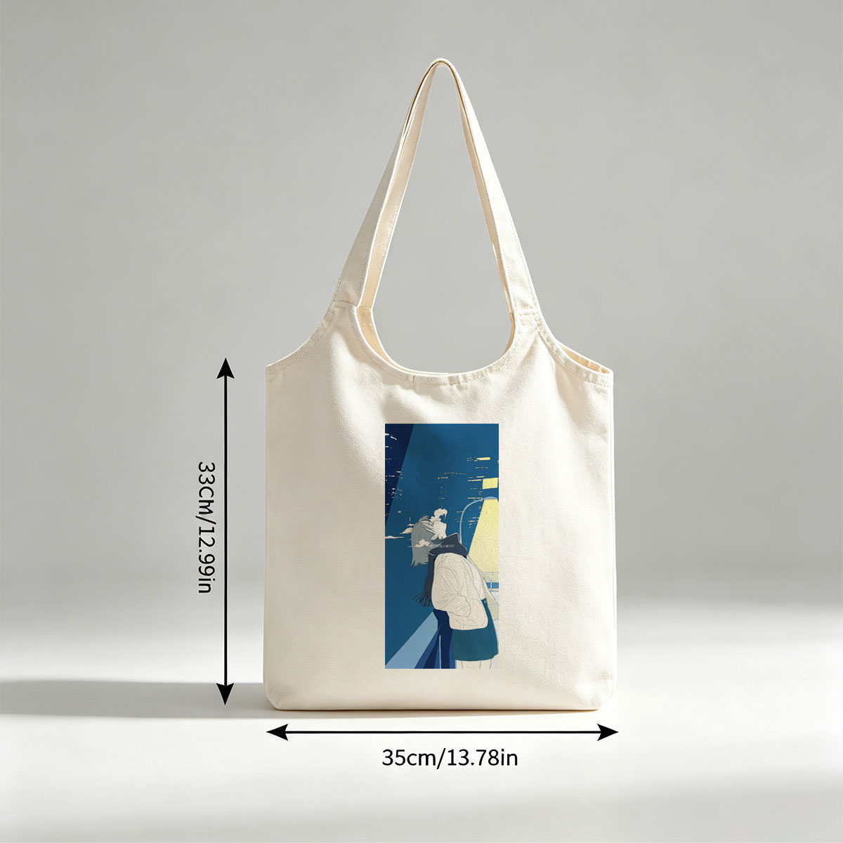 Anime Character in Winter Coat Breathing Steam Against City Night Sky - Canvas shoulder bags/