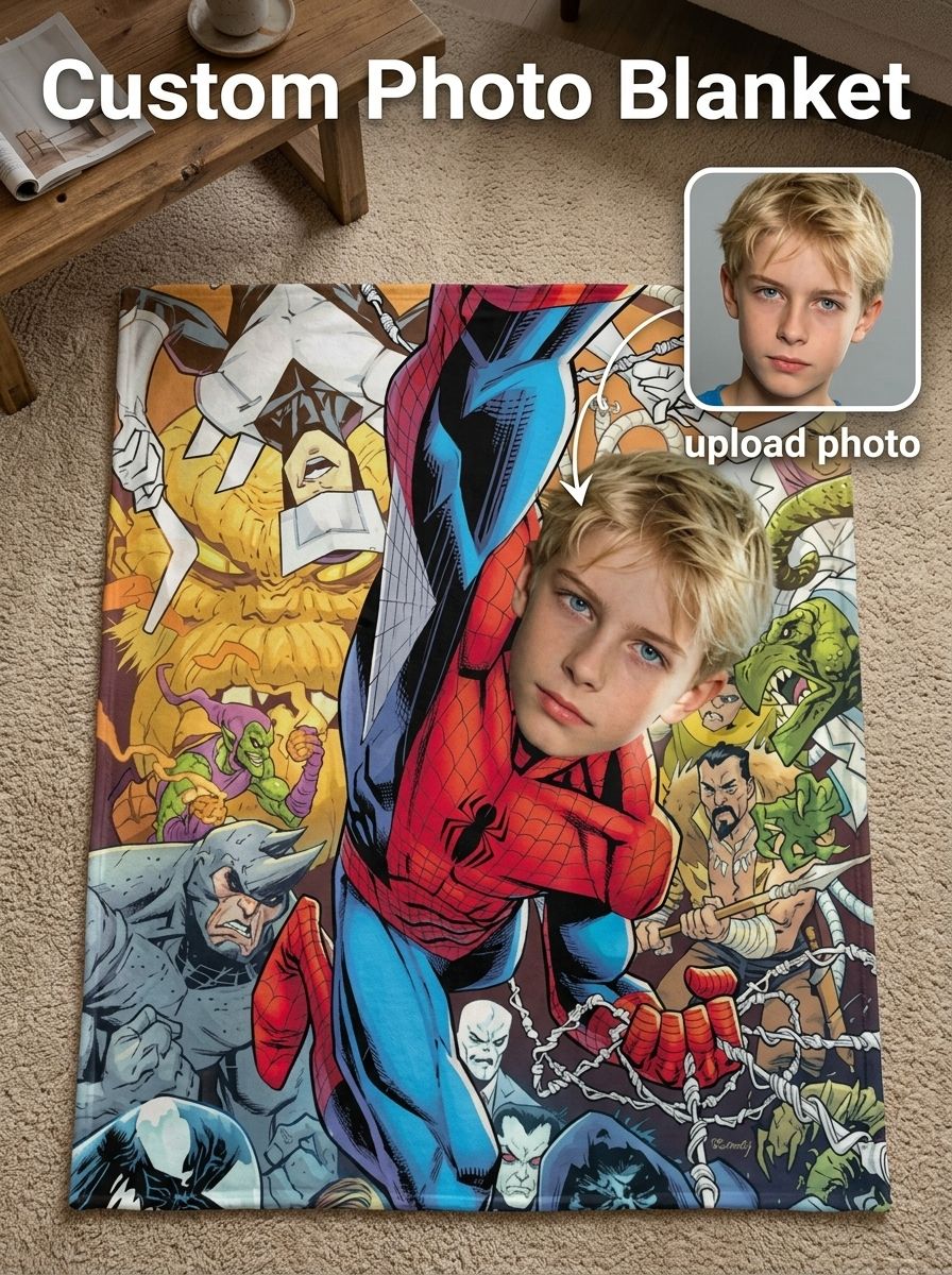 Custom Face Superhero Comic Flannel Blanket Personalized Photo Throw for Kids Ultra Soft Anti-Pilling Cozy Warm Gift