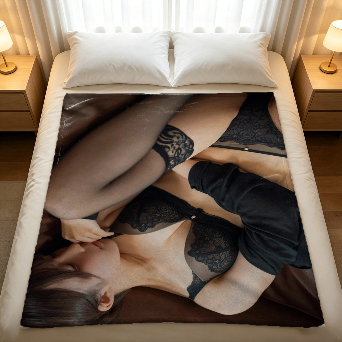 A woman in black lace lingerie stands by the window, back view. - Blanket