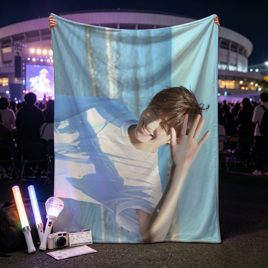 BTS Jungkook Beach Scene Smiling and Waving in White T-Shirt - Blankets