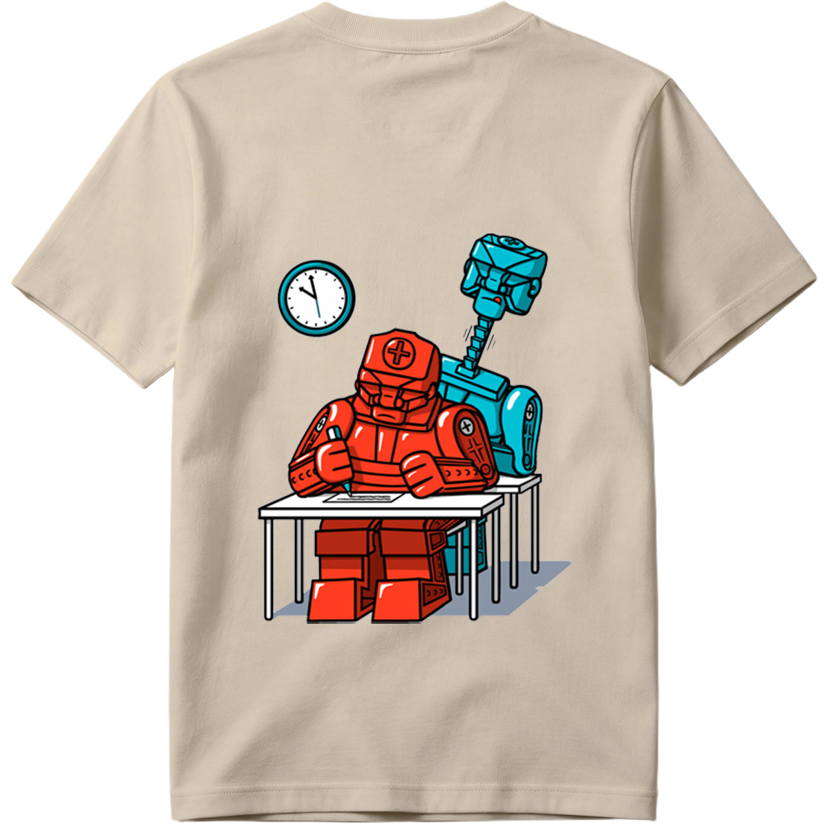 Red Robot Student at Desk with Blue Robot Friend - Tee