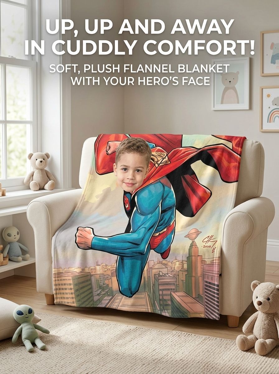 Custom Superhero Face Blanket, Personalized Photo Upload Flannel Fleece Throw, Ultra Soft Cozy Keepsake Gift for Kids