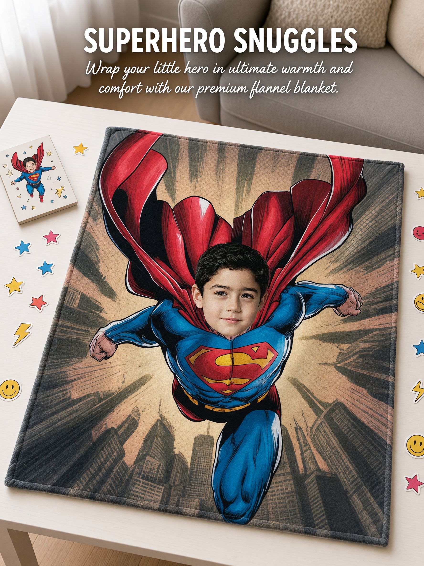 Personalized Superhero Face Photo Flannel Fleece Blanket, Ultra Soft Custom Picture Throw for Kids and Family Gift
